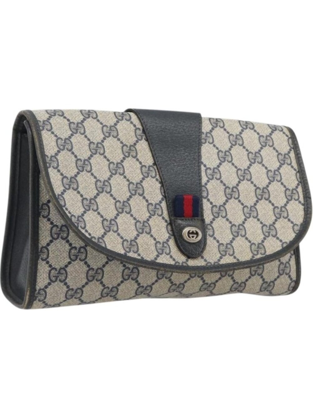 GUCCI GG Supreme Sherry Line Clutch Bag PVC Navy Gold 89 01 030